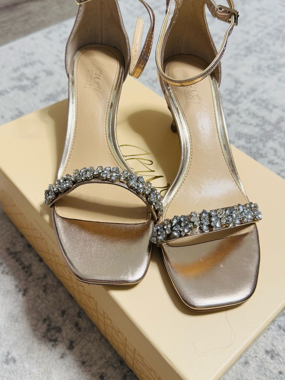 Badgley Mischka Jewel - Embellished Rose Gold Ankle-Strap Sandals